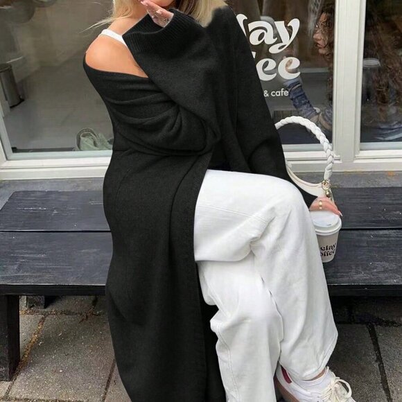 Black casual womens open front knit sweater cardigan - Picture 2 of 9